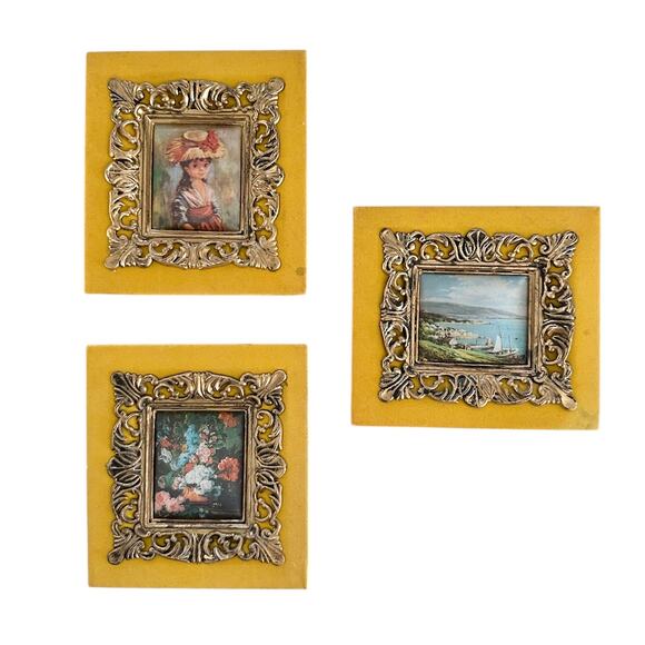 Vintage Velvet Artwork Set/3 romantic impressionist paintings unique 70s baroque
